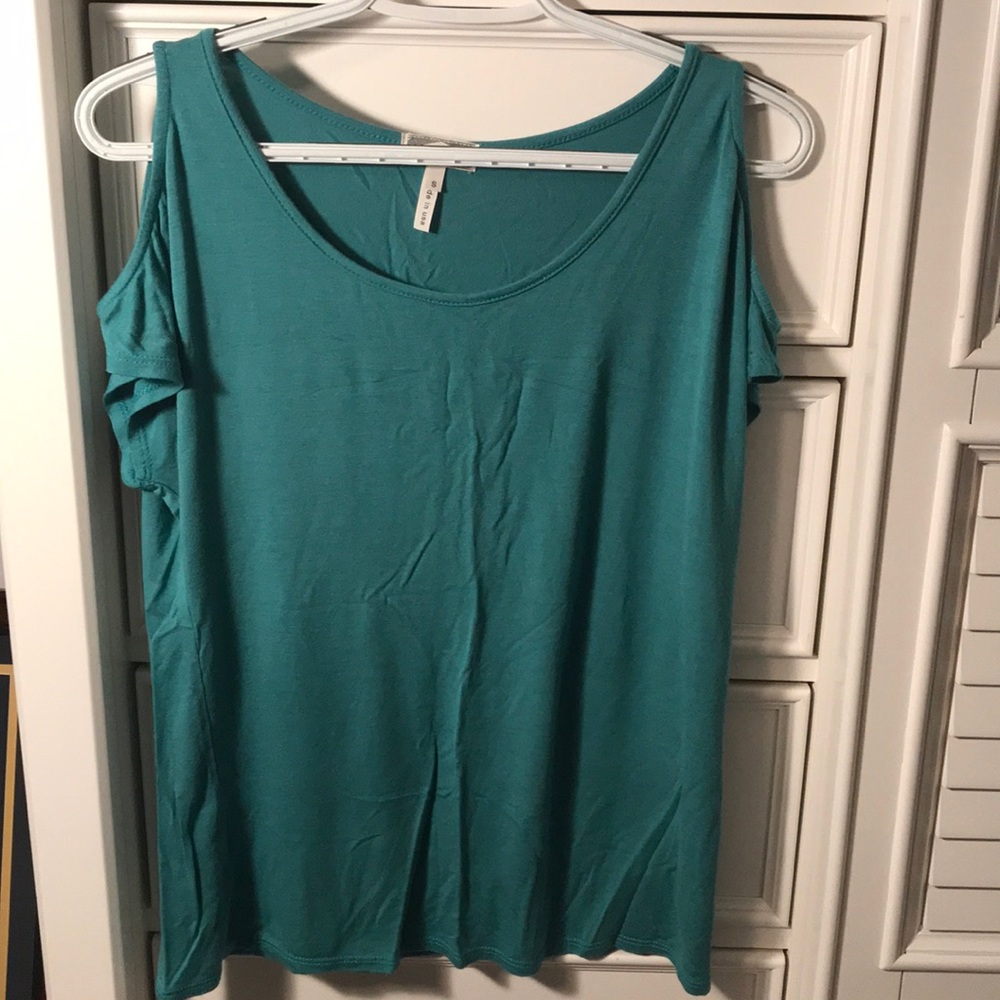 Teal open shoulder short sleeve T-shirt